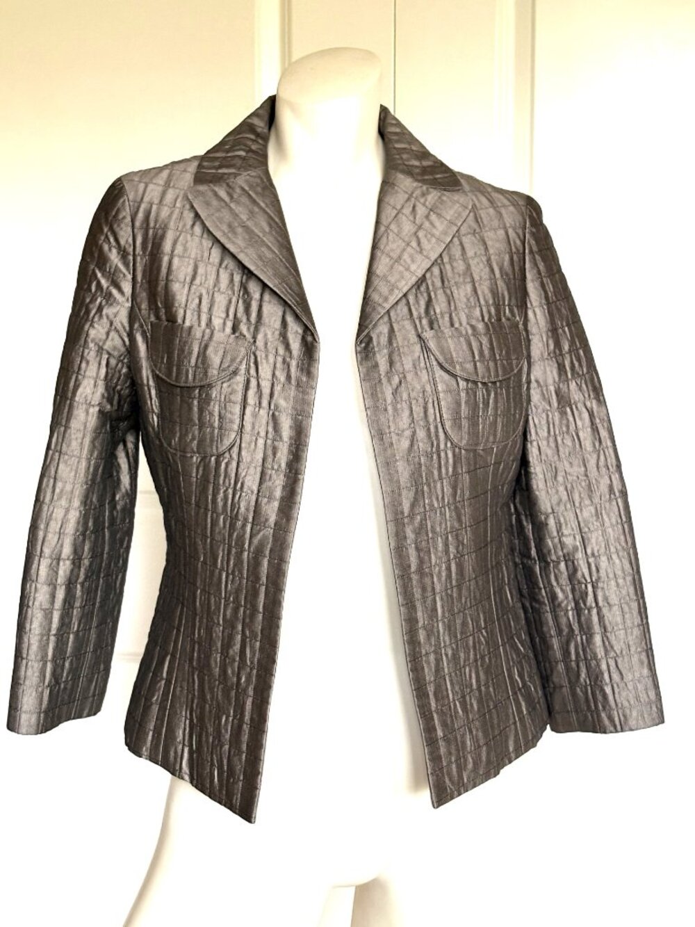 SON JUNG WAN SHIMMER GRAY QUILTED OPEN FRONT JACKET SIZE: S